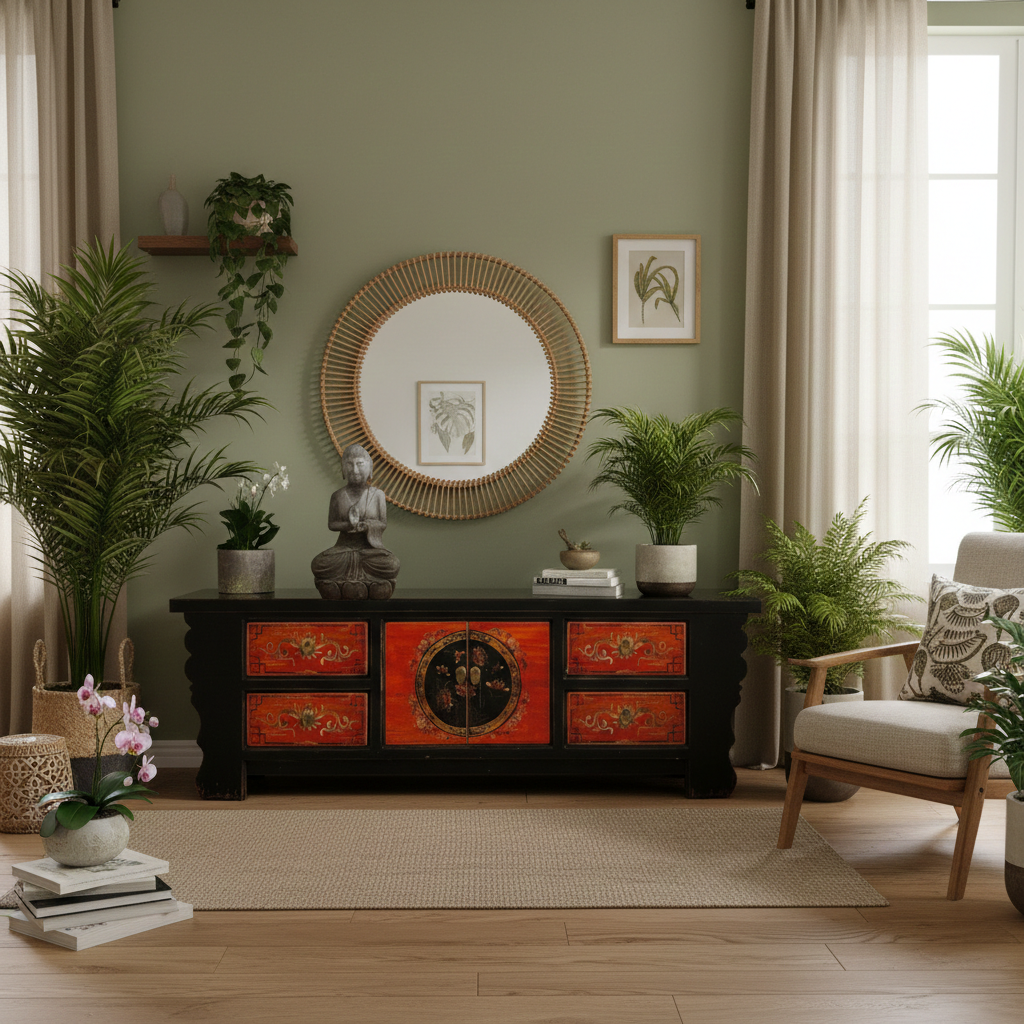 Vintage Asia Asian Lowboard Chest of Drawers Bench "Coalflowers" - Art. 35208-6