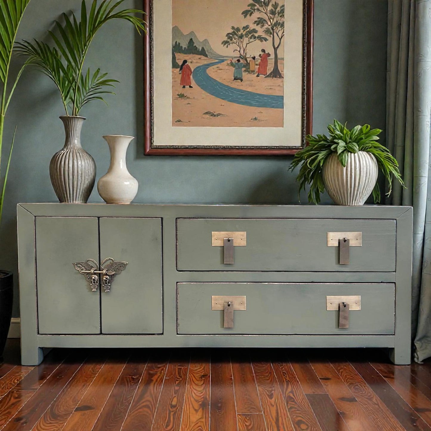 Vintage Asia TV-Kommode Sideboard Lowboard Olivgrau - Art. TV273/olivegrey